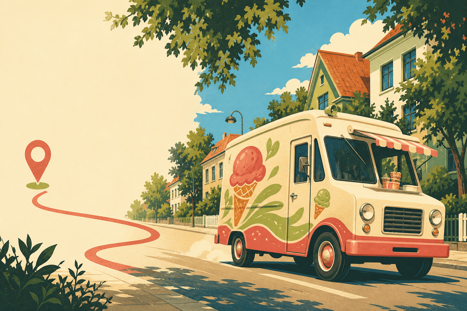 Illustrierter Eiswagen auf einer sommerlichen Straße